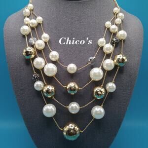 Chico's Faux Pearl Necklace, Four Strands, Gold Silver Rhinestone Beads, 20 Inch